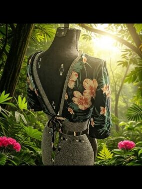 Salty Stitch Boutique Boho Navy Floral Crop Top Lily Palm Print 100% Rayon Sz L